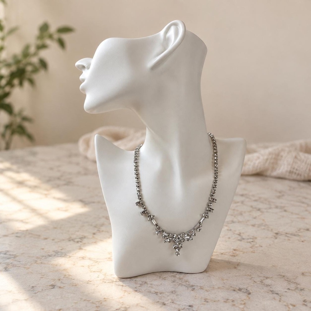 Vintage 1950s Parco Rhinestone Choker Necklace 15" Silver Tone Statement